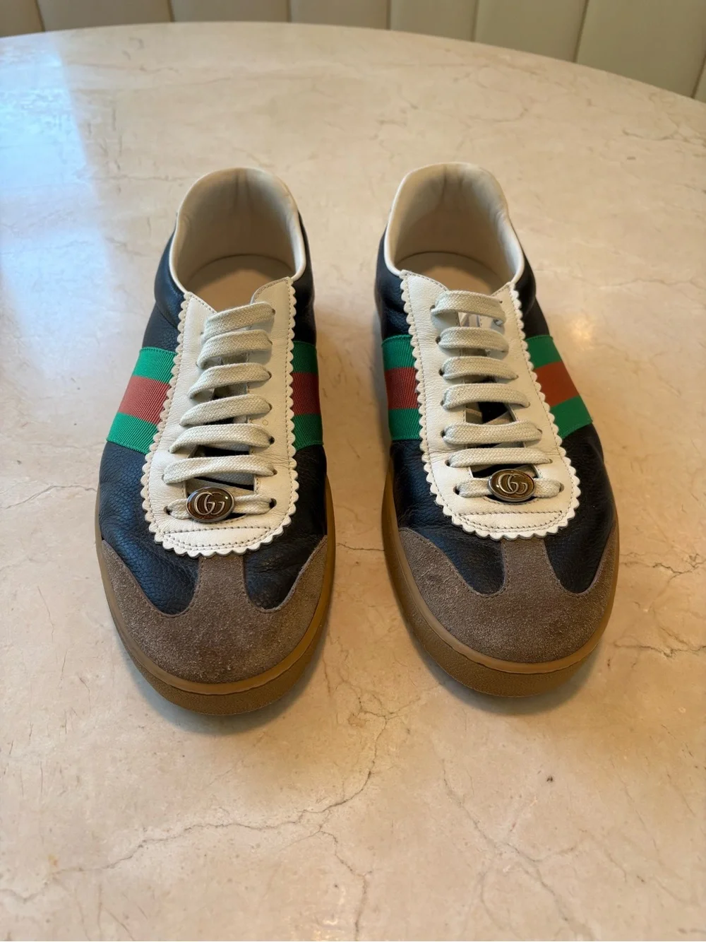 Gucci G74 Black Leather Sneakers with Green & Red Web Stripe
